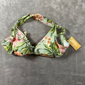 Kona Sol Floral Halter Bikini Top Green Pink Tropical Swimwear Small NWT